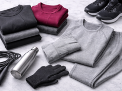 Якісна термобілизна для комфорту в будь-яку погоду Складені комплекти термобілизни різних кольорів на світлій поверхні поруч із кросівками, пляшкою для води, скакалкою та рукавичками