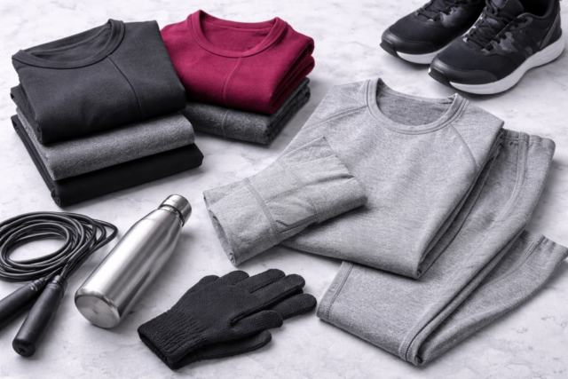 Складені комплекти термобілизни різних кольорів на світлій поверхні поруч із кросівками, пляшкою для води, скакалкою та рукавичками
